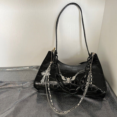 Skull Chain Underarm Bag Crocodile Print Style Dark Shoulder Bag