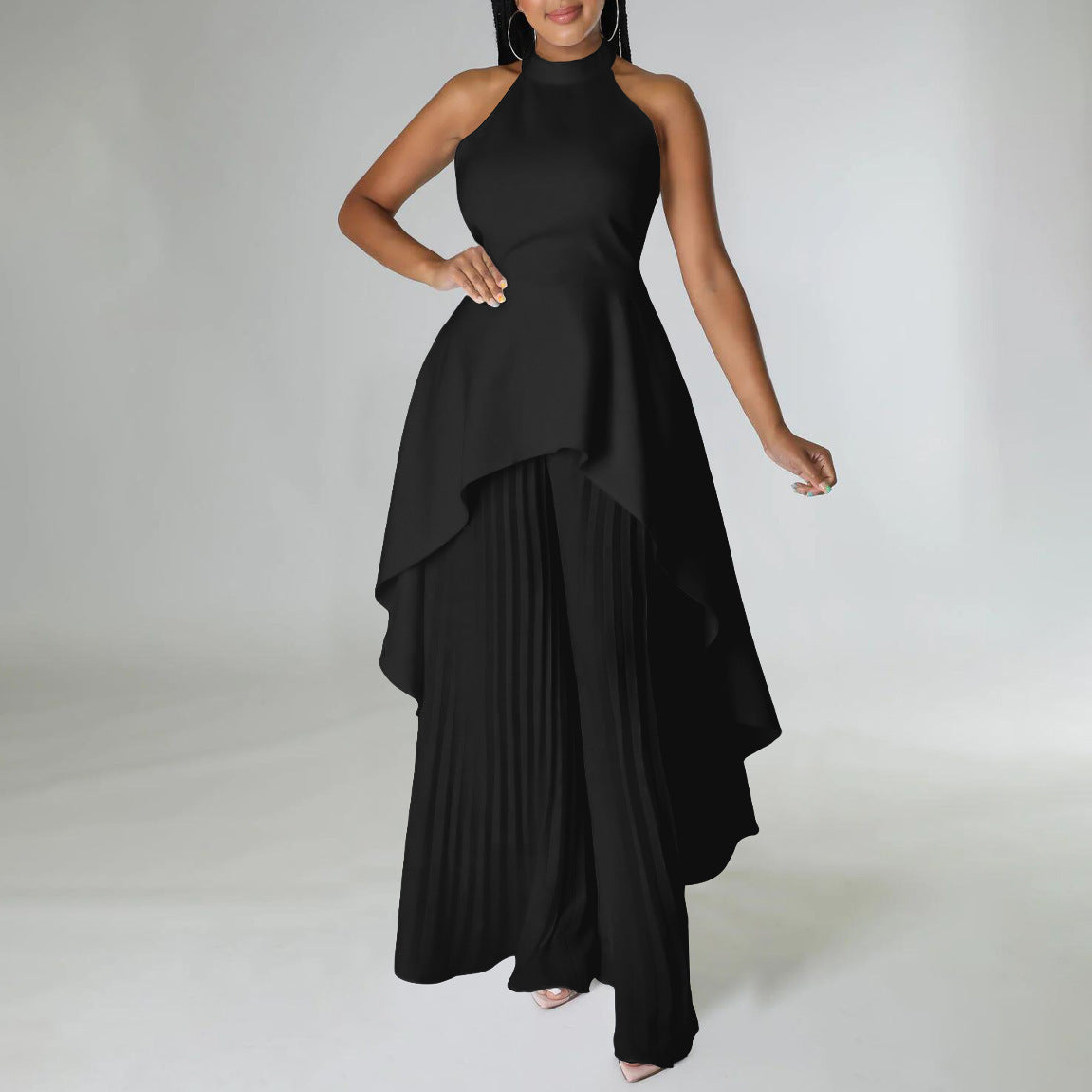 Backless Grecian Neck Long Tail Flowy Top And Pleated Wide-leg Pants Casual Two Piece Sets