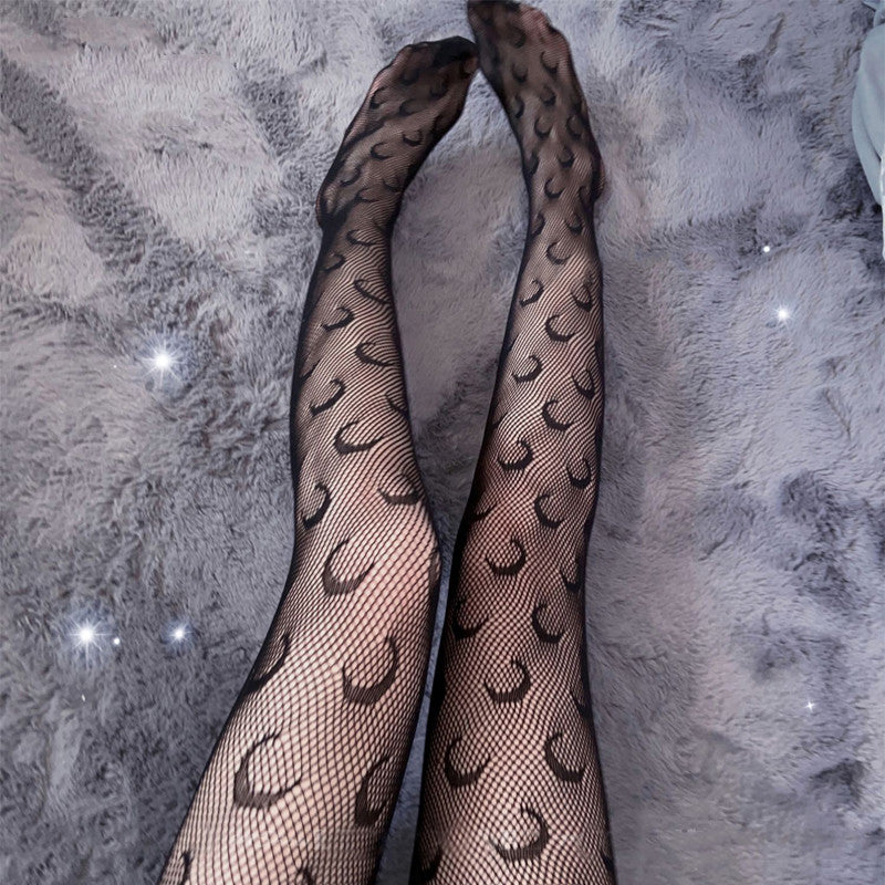 Crescent Moon Patterned Fishnet Stockings Sexy Nylon Stretch Lingerie Pantyhose