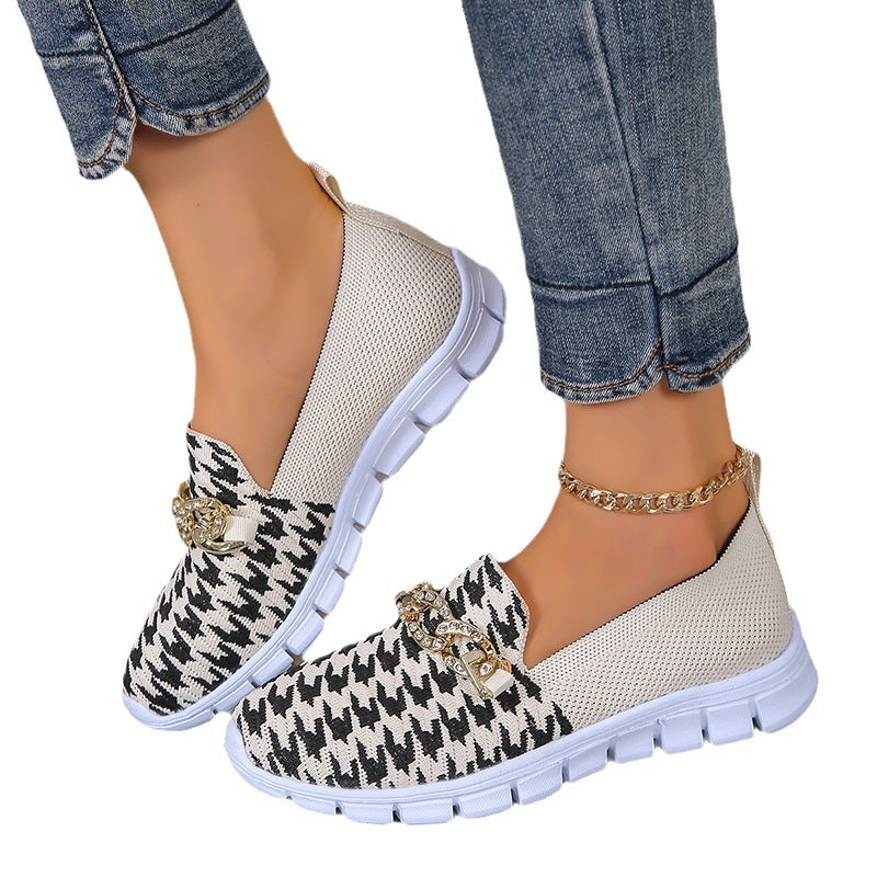 Houndstooth Print Chain Mesh Slip On Loafer Shoe Style Casual Sneakers