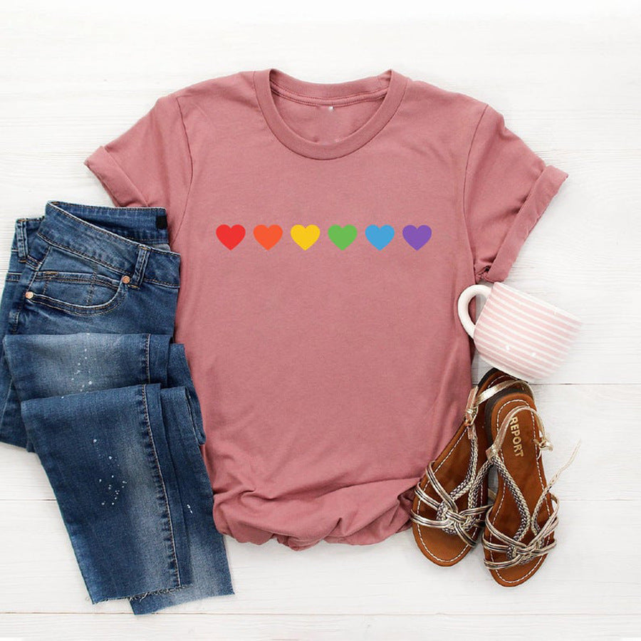 Colorful Rainbow Heart Print Casual Simple Style Graphic Printed T-shirt