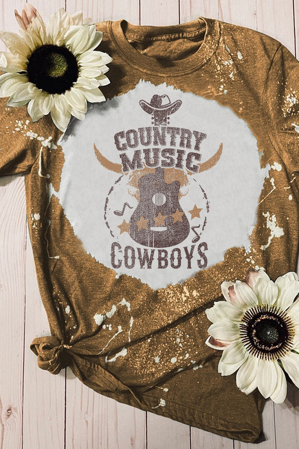 Orange Bleached Country Music Cowboys Guitar Graphic Crewneck Tee