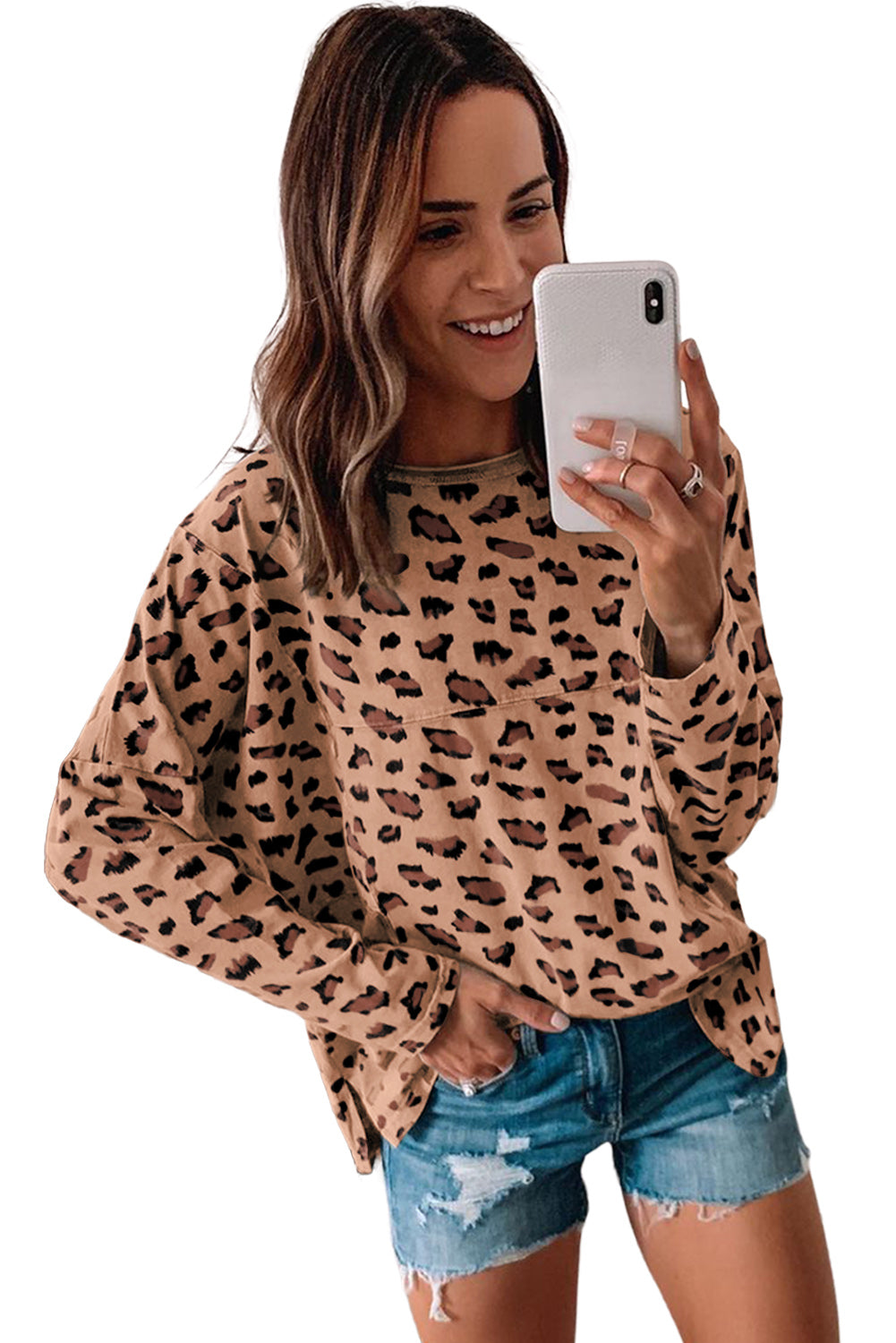 Pink Leopard Stitching Loose Long Sleeve Top