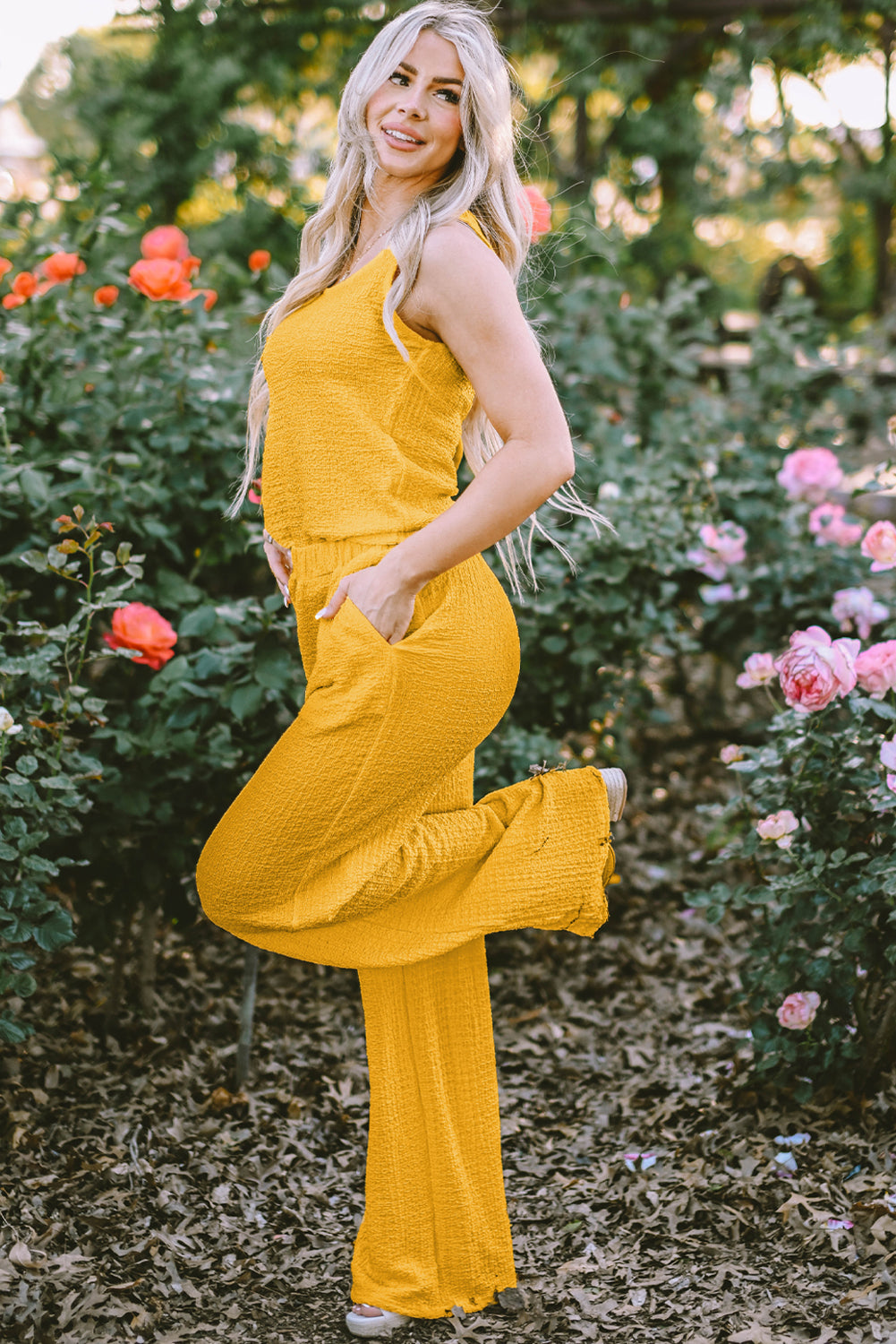 Black Crinkled U Neck Tank Top and Wide Leg Pants Set