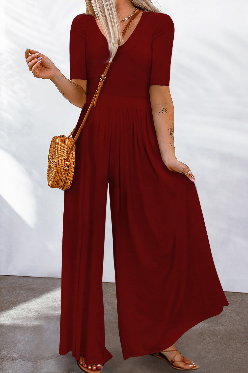 Red Plain Basic Short Sleeve Wide Leg Jumpsuit