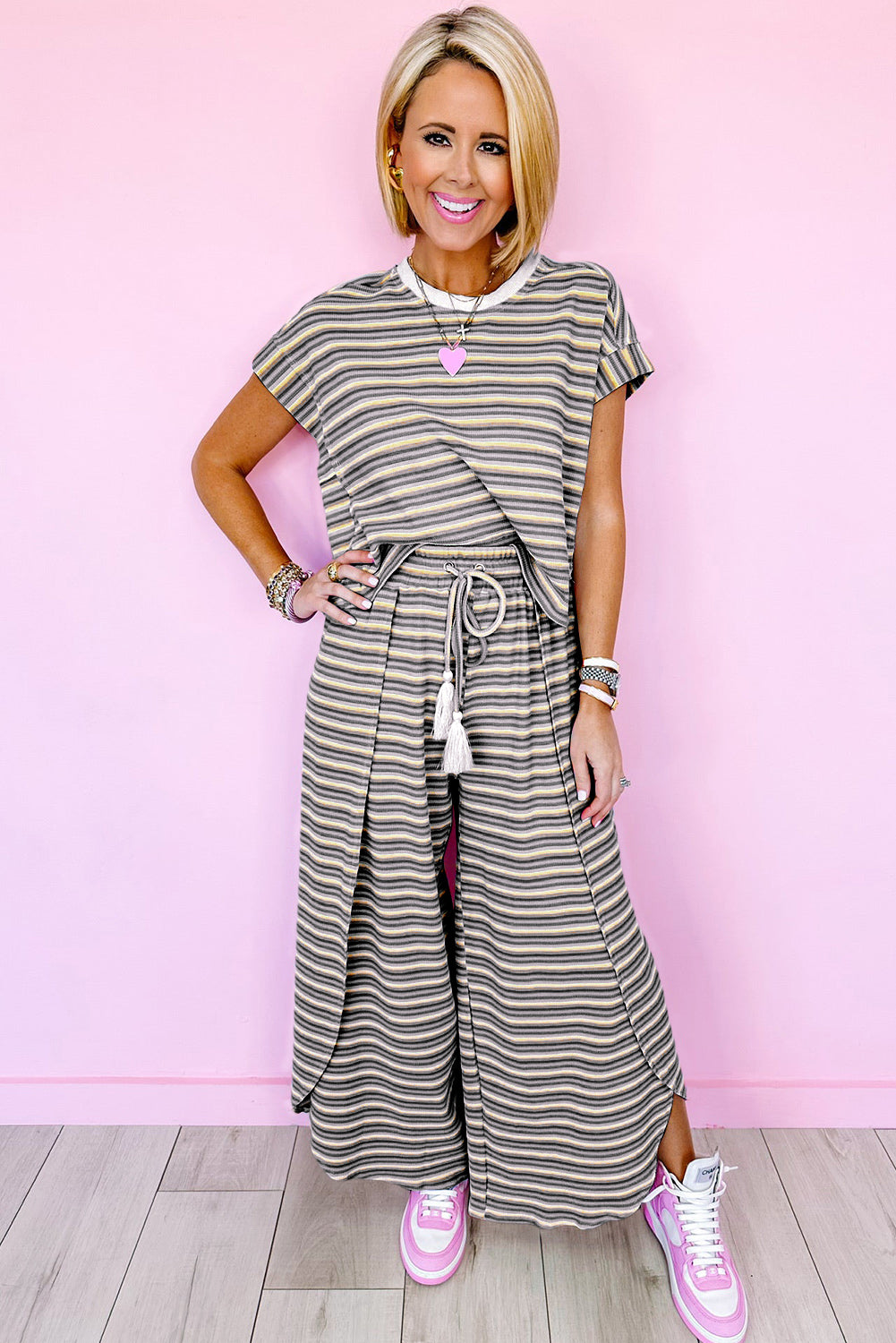 Black Stripe Rainbow Tee and Tassel Drawstring Wide Leg Pants Set