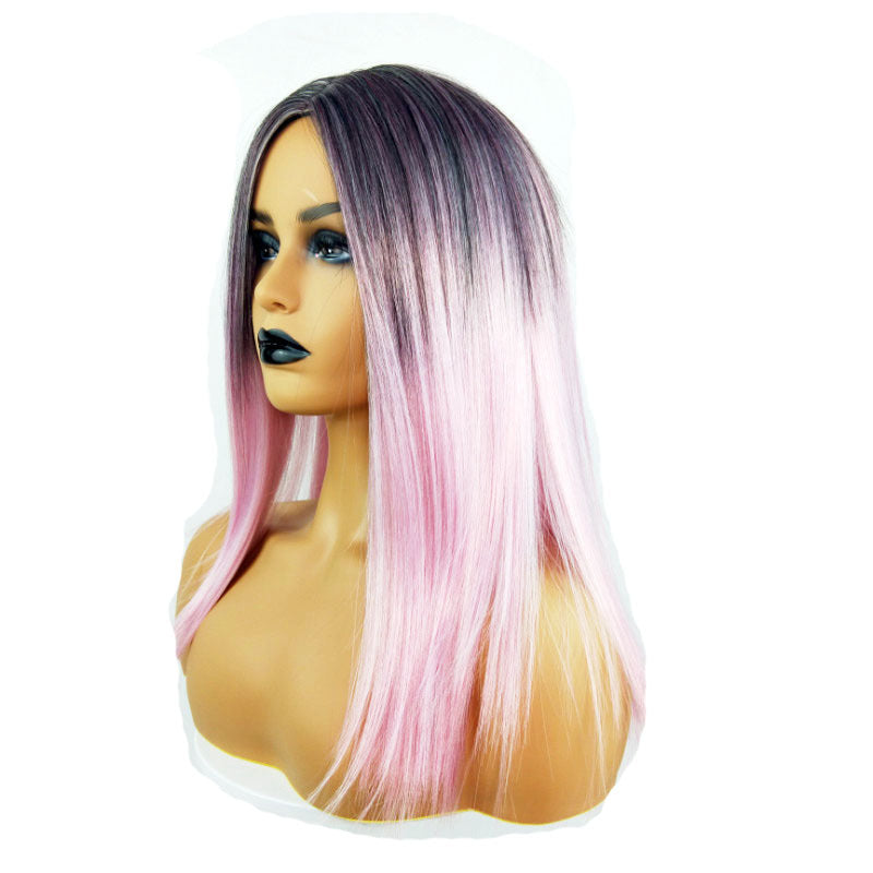 Long Straight Black Gradient LightPink Wig Headgear