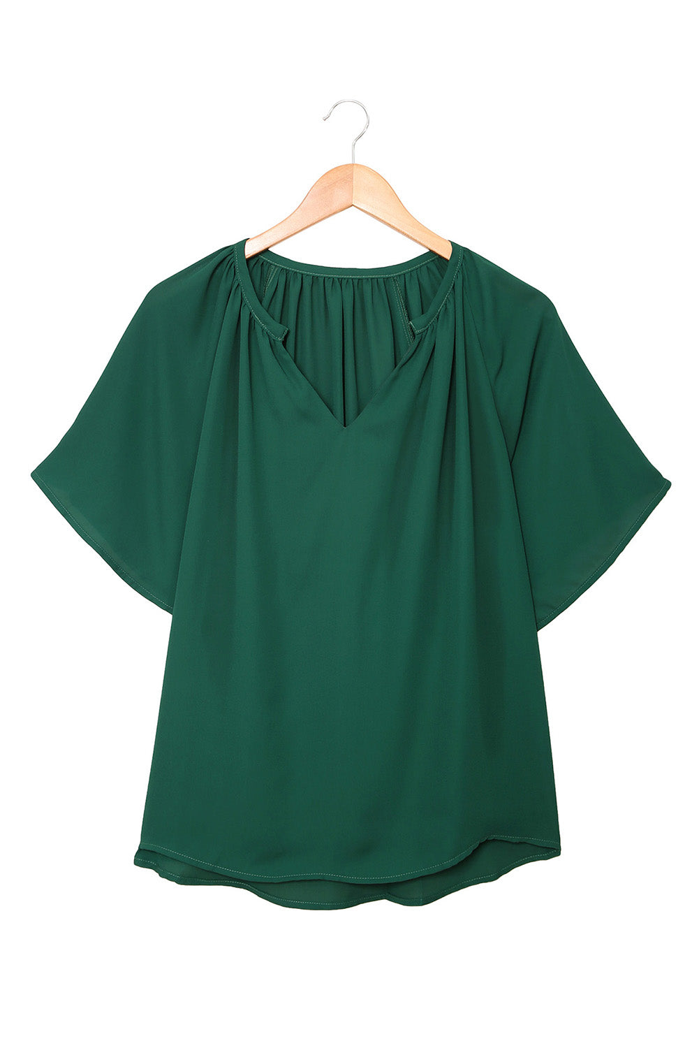 Blue Casual Split Neck Pleated Loose Short Sleeve Blouse