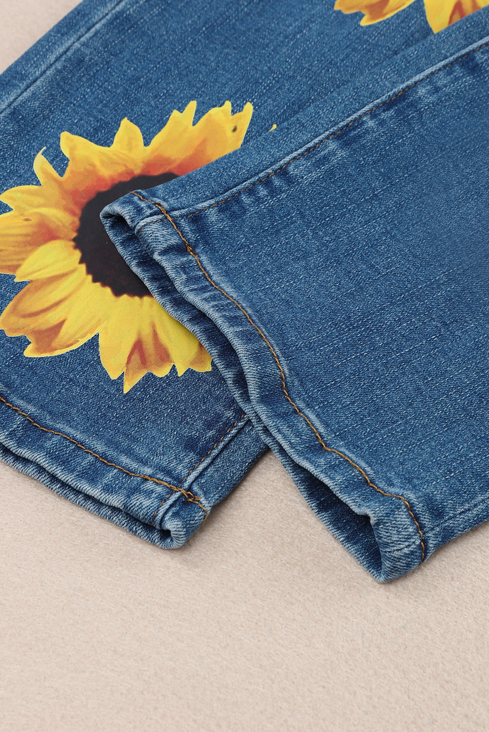 Blue Sunflower Print Ripped Mid Rise Straight Leg Graphic Jeans