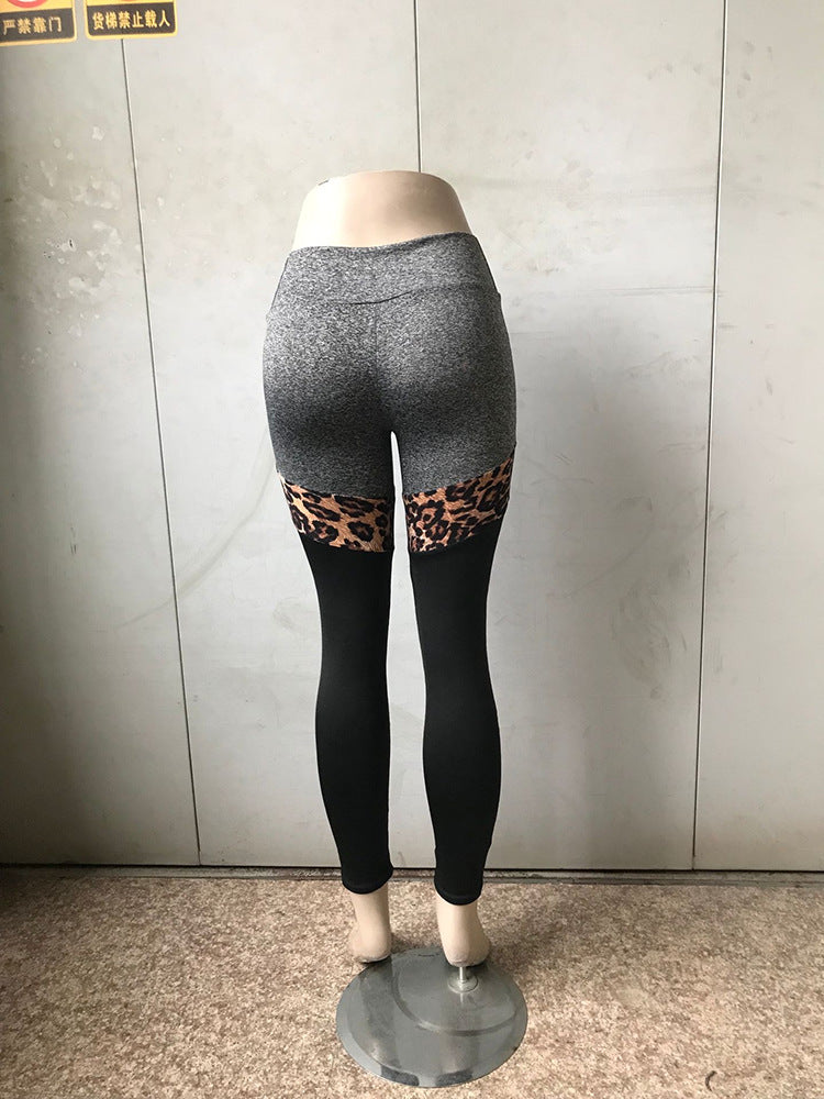 Grey And Black Plus Leopard Print Exposed Stitching Polyester Fiber Leggings