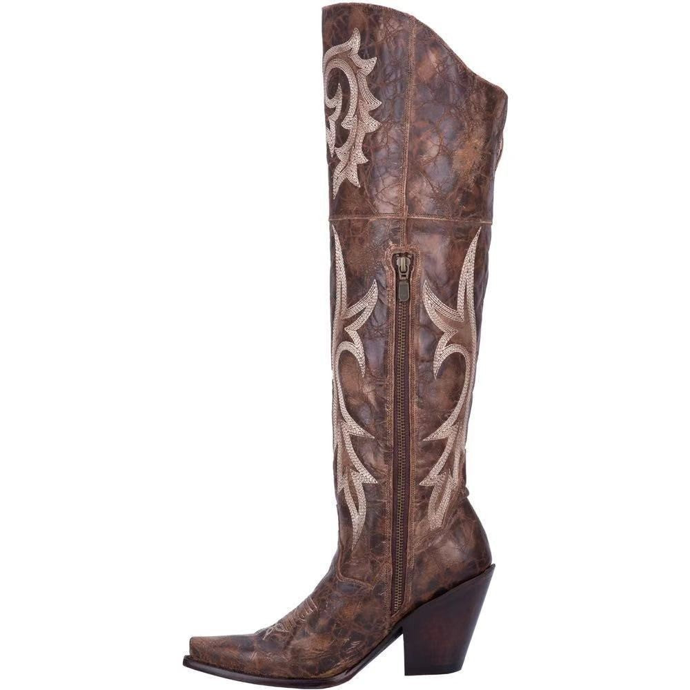 Women's Thick Heel Knee High Cow Girl Western Boots