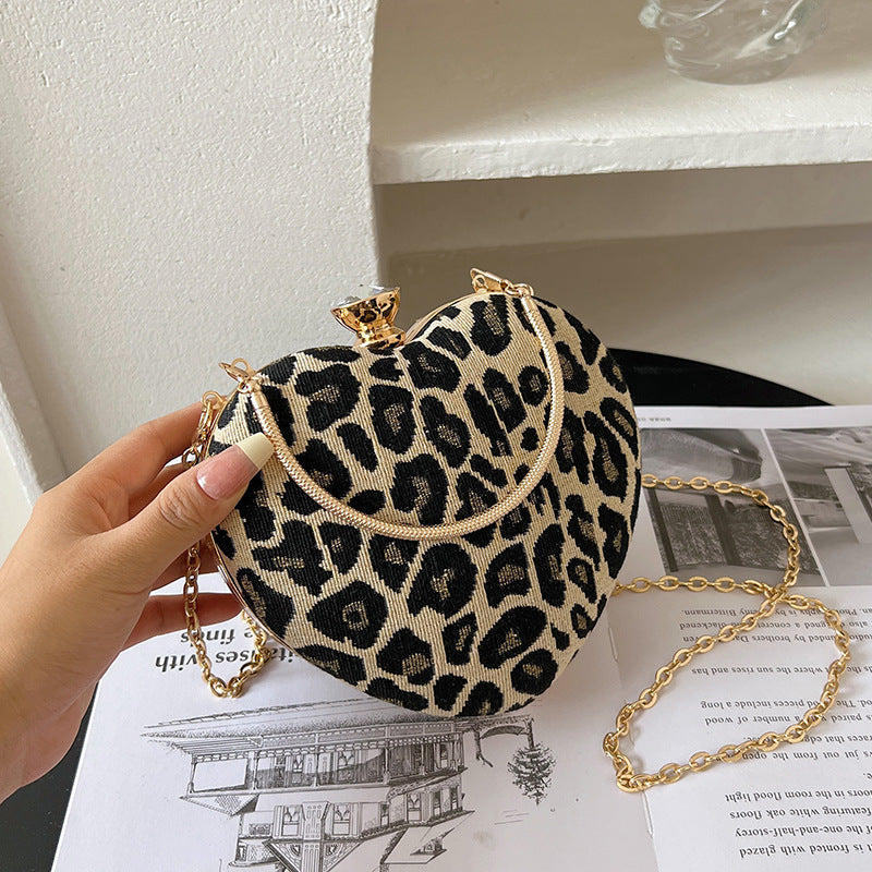 Animal Print Crossbody Chain Strap Heart Shoulder Bag