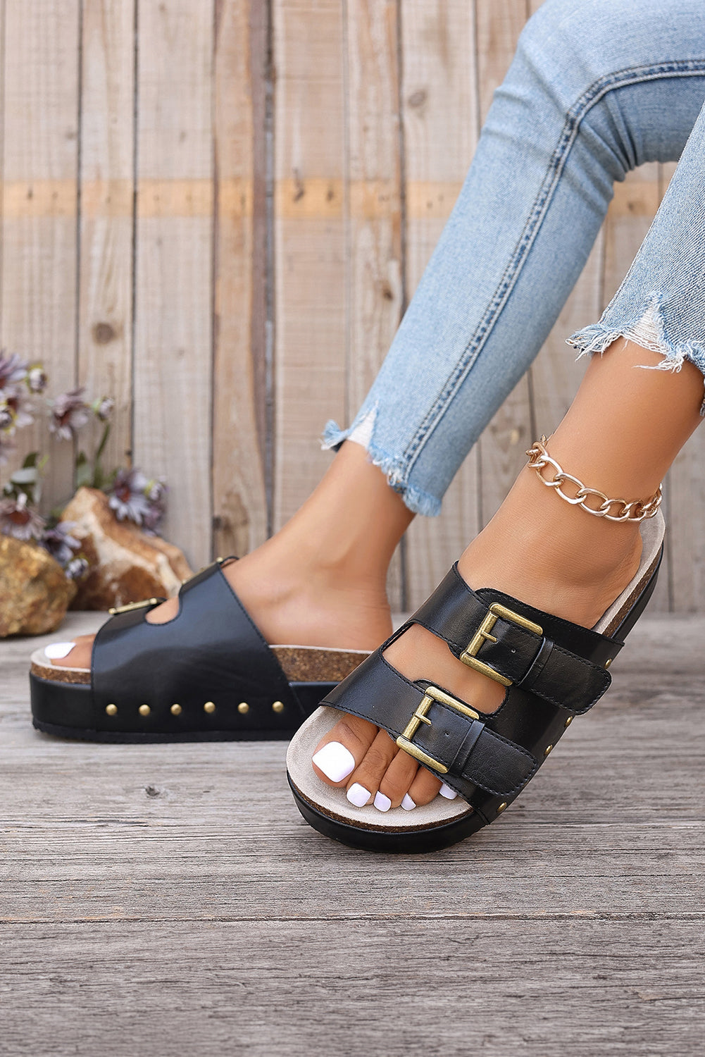 Ginger Dual Buckle Studded Platform Slides Shoes