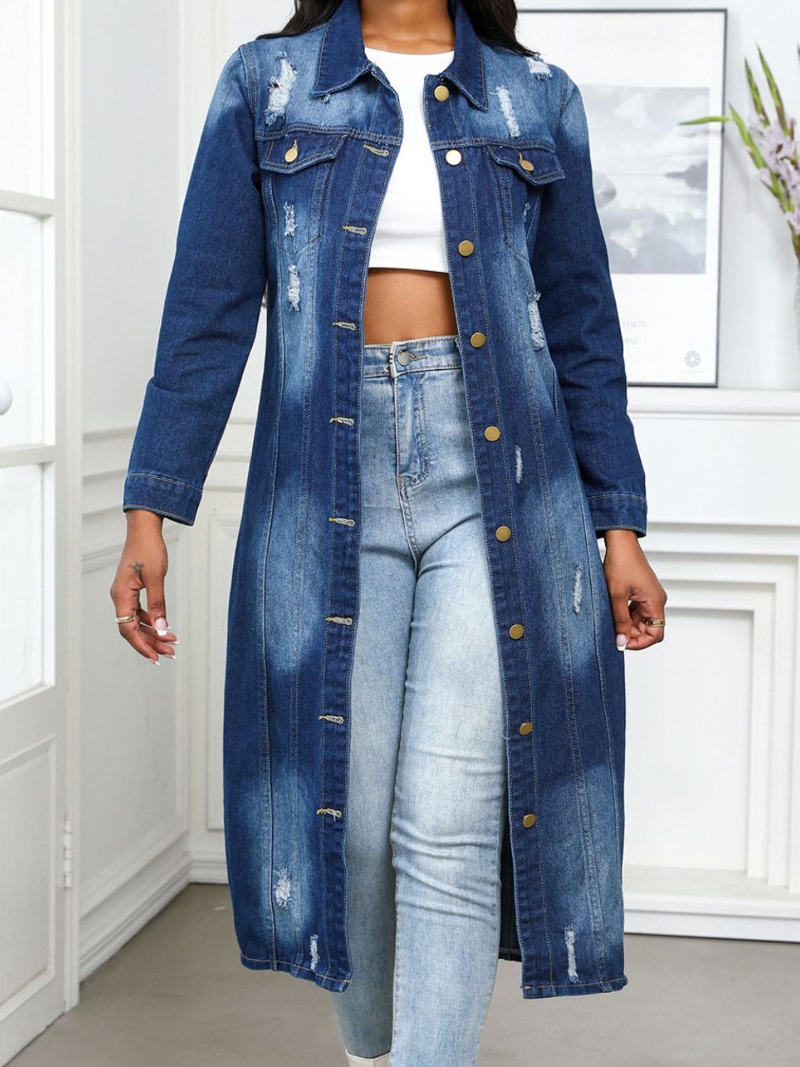 Distressed Long Button-Up Collared Denim Cardigan – Women’s Casual Denim Outerwear