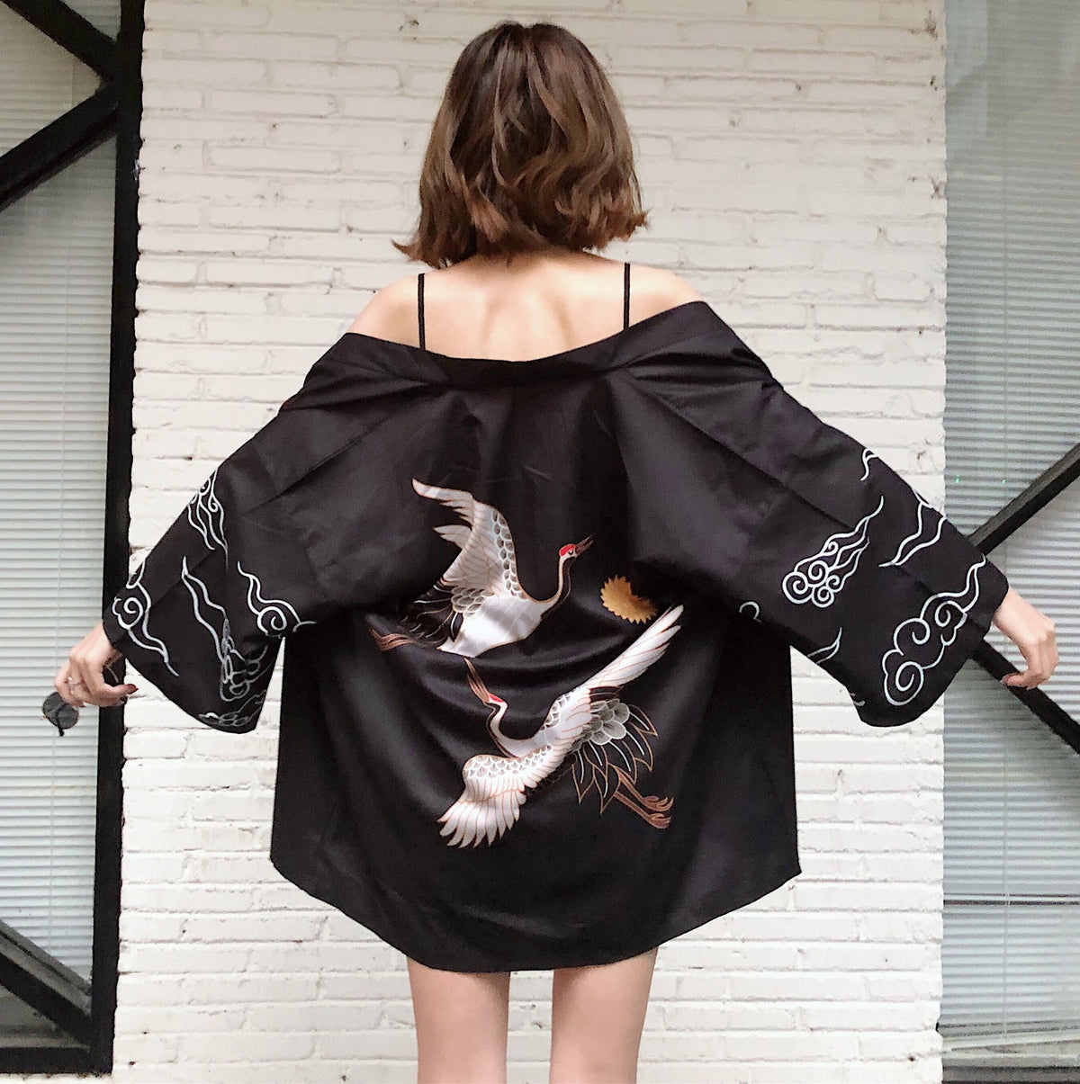 Japanese Style Kimono Jacket Crane Printed Back House Coat