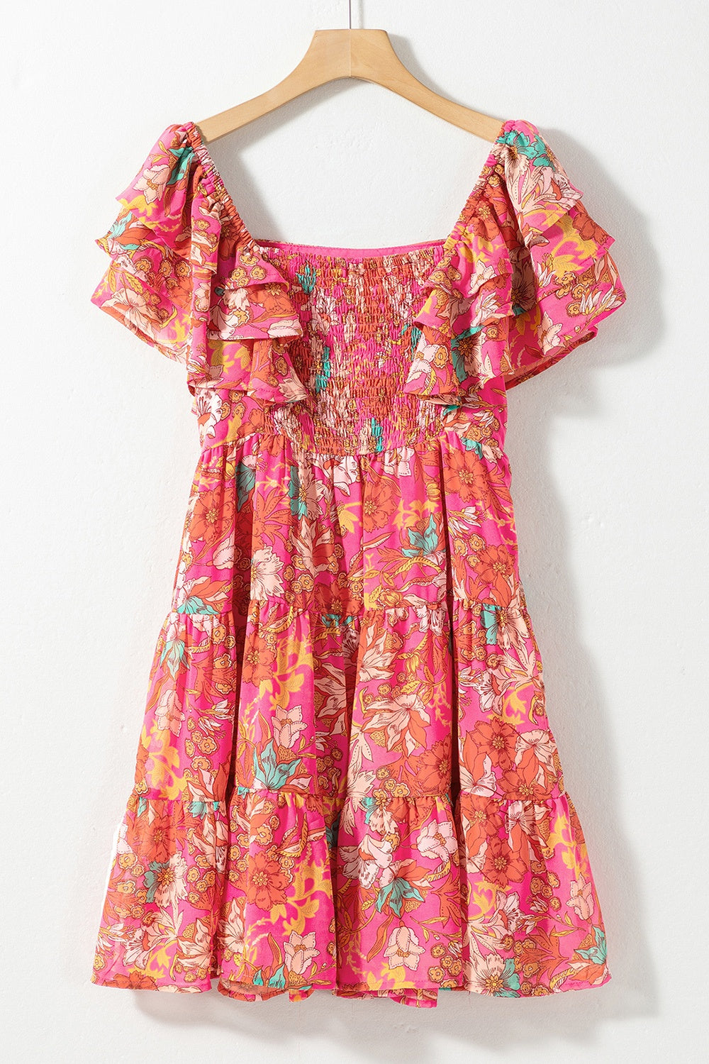 Ruffled Peachy Printed Square Neck Boho Dress