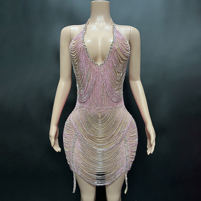 Sequin Rhinestone Draped Front Sexy Nightclub Festival Fashion Mini Dress