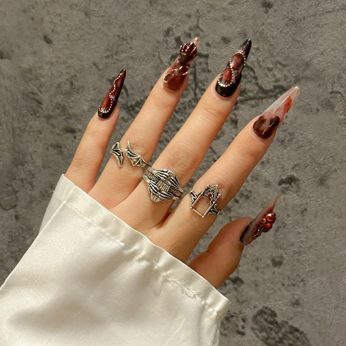 Dark Punk Retro Stackable Carved Bat and Coffin Goth Girl Ring Sets