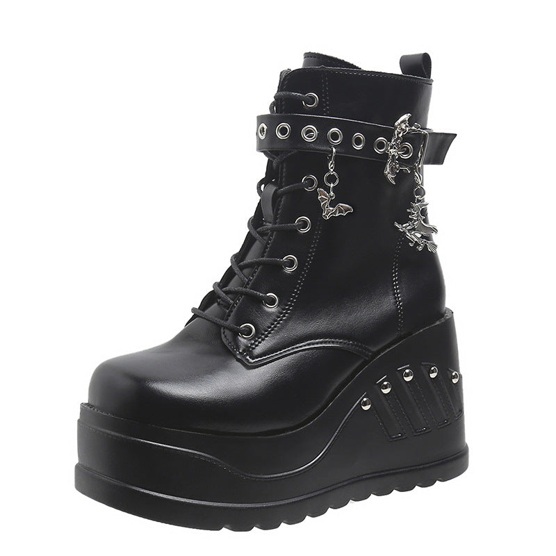 Dark Gothic Rivet Stacked Platform Wedge Short Ankle Boots