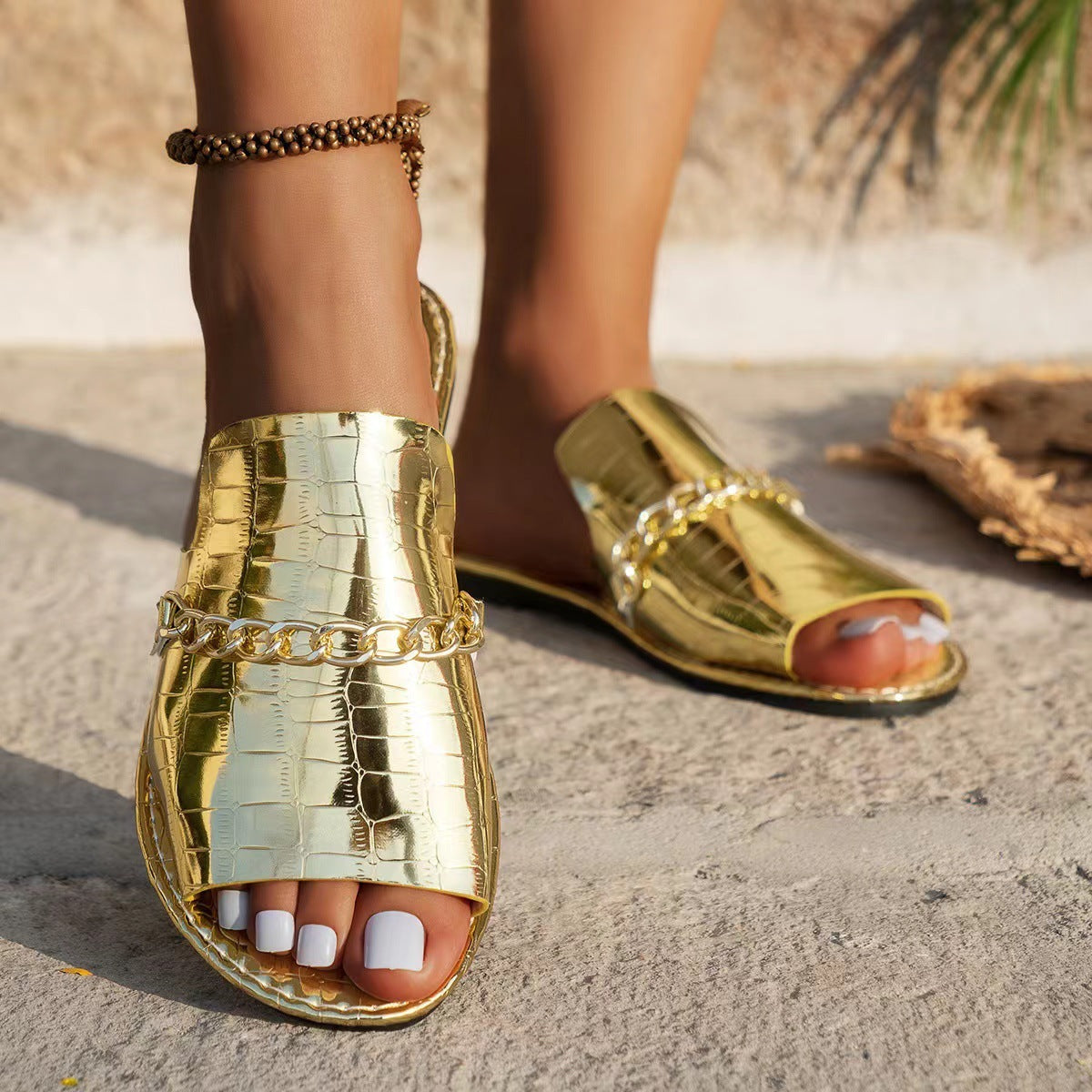 Chain Detail Alligator Pattern Flat Slide Slip On Summer Sandals