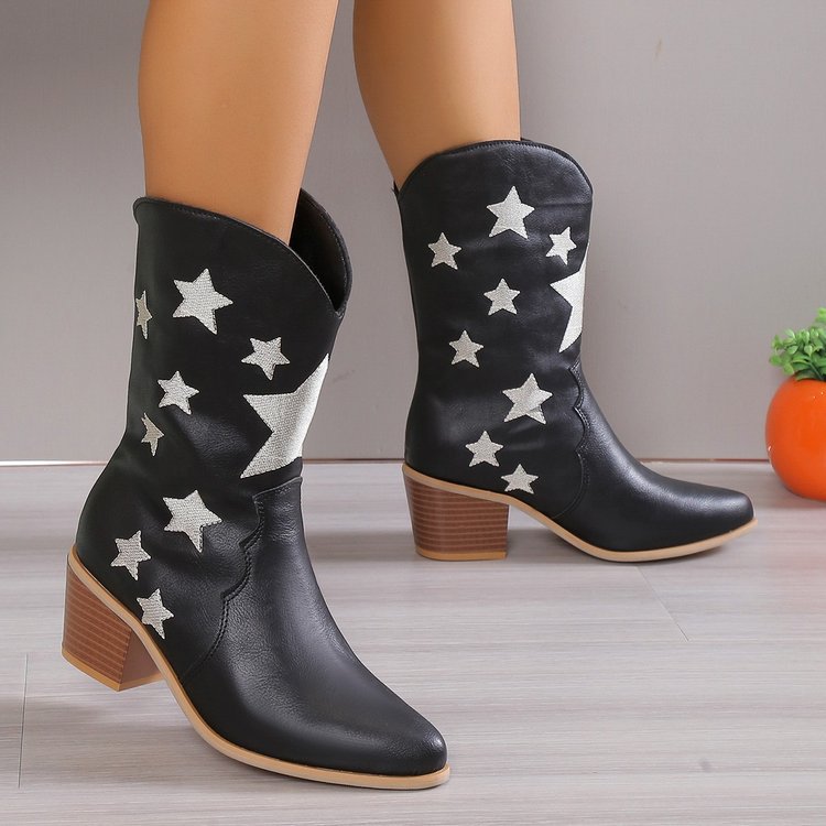 Women's Embroidered Star Pointed Toe Chunky Heel Western Cowgirl Boots