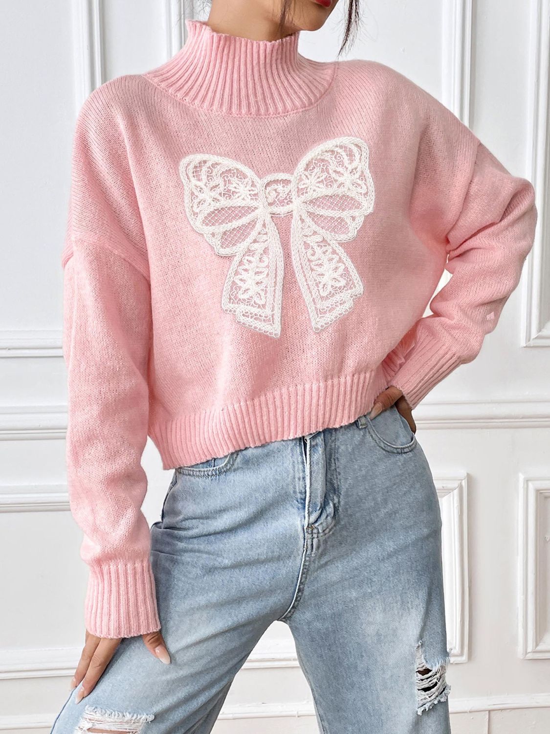 Lace Bow Turtleneck Long Sleeve Sweater