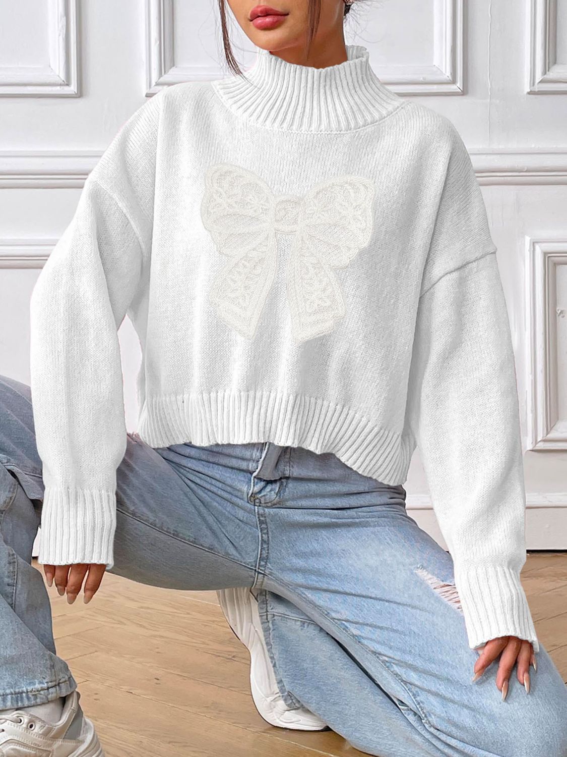 Lace Bow Turtleneck Long Sleeve Sweater