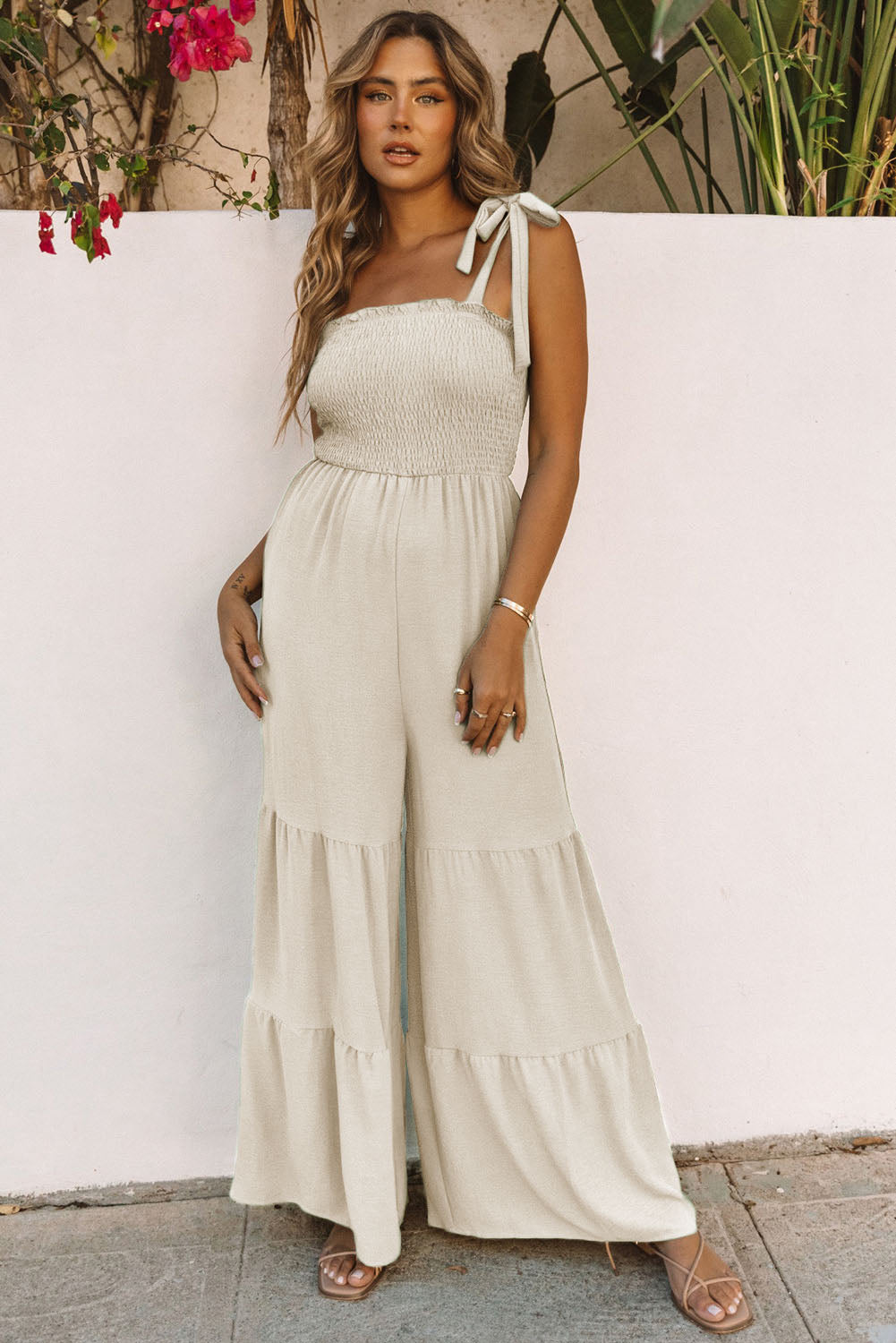 Apricot Tie Straps Shirred Casual Tiered Wide Leg Jumpsuit