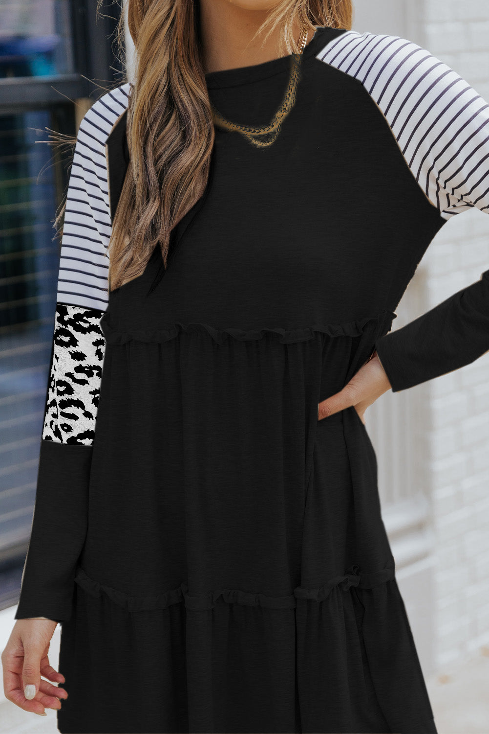 Multicolor Striped Leopard Raglan Sleeve Textured Dress