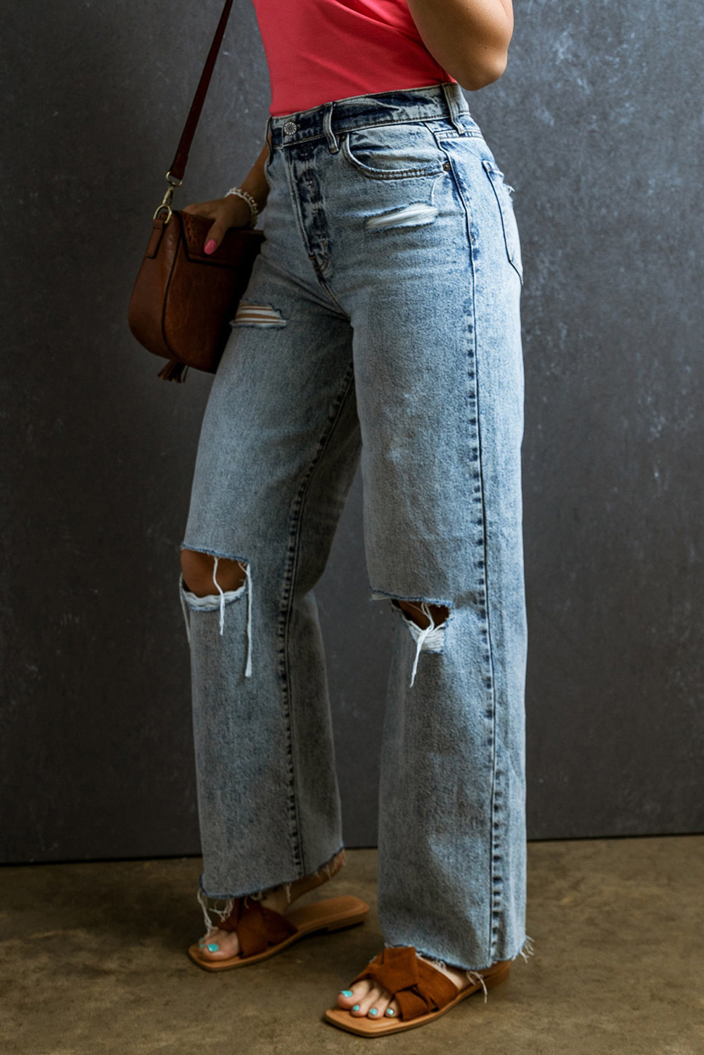 Light Blue Distressed Ripped Raw Hem Straight Leg Jeans