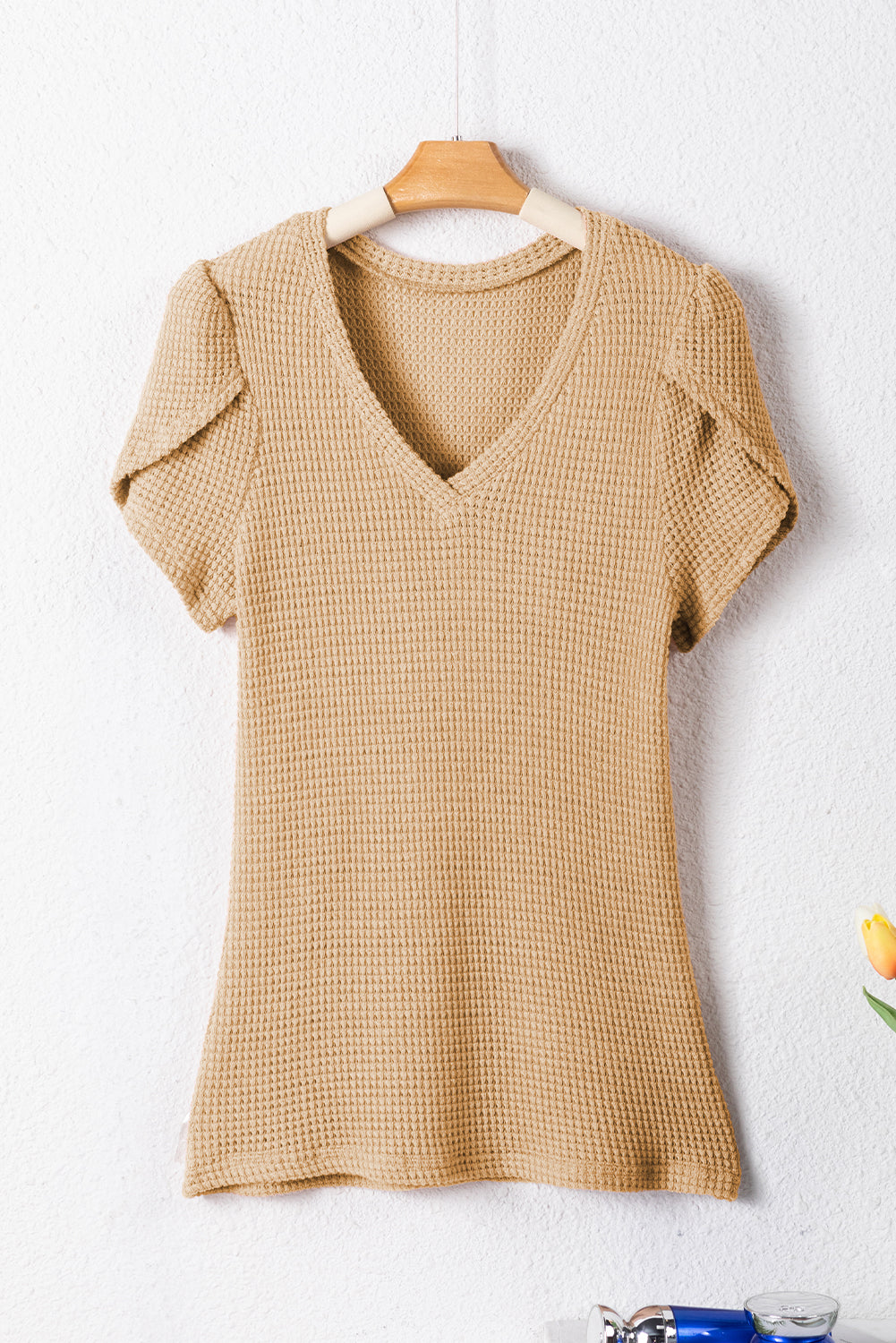 Mist Green V Neck Petal Sleeve Waffle Knit T-Shirt