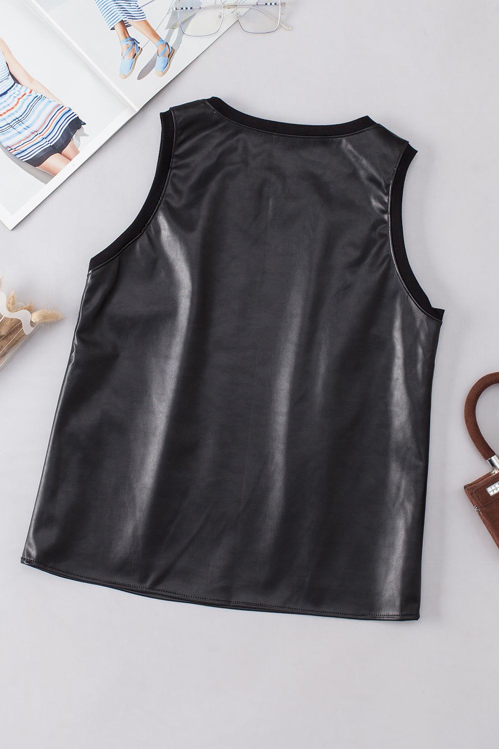 Round Neck Faux Leather Shiny Tank Top