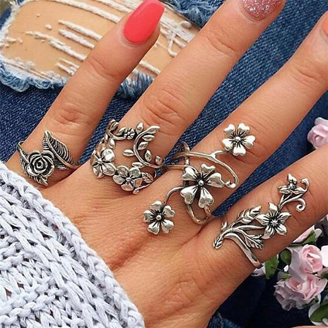 Vintage Punk Flower Power Ring Set - 4 Piece Silver Alloy Collection for Women