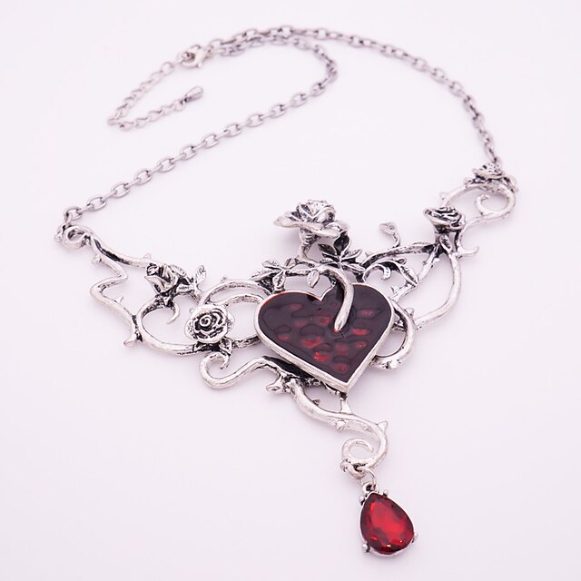 Red Vintage Gothic Steampunk Style Hearts And Roses Masquerade Ball Necklace