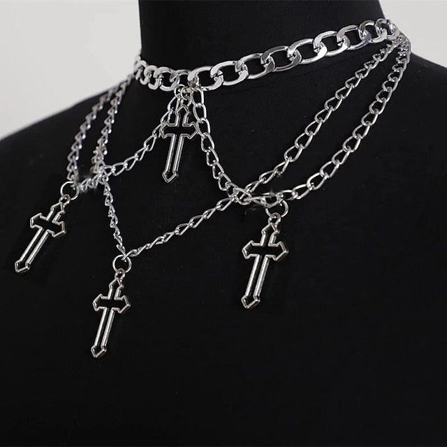 Gothic Criss-Cross Multi-Element Choker Necklace: Channeling Punk & Gothic Style