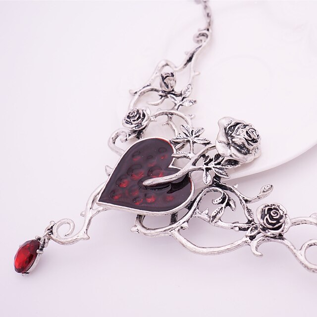 Red Vintage Gothic Steampunk Style Hearts And Roses Masquerade Ball Necklace