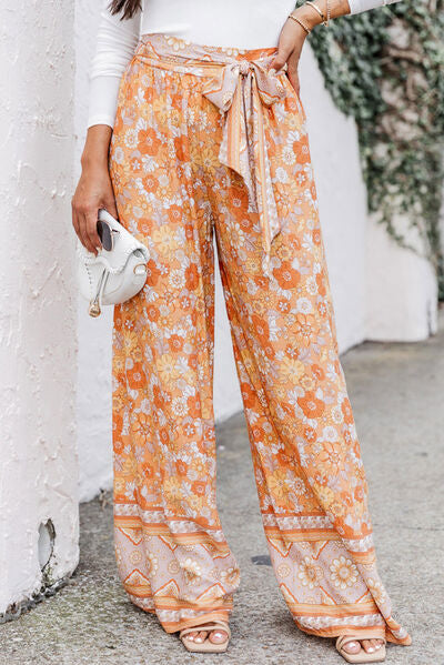 Floral Tie Front Wide Leg Pants