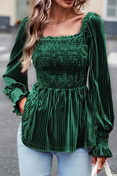 Smocked Lantern Sleeve Peplum Blouse