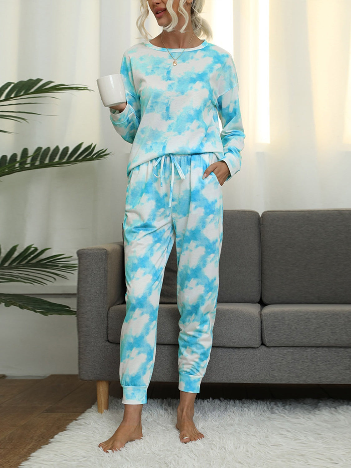 Tie-Dye Round Neck Top and Pants Lounge Set