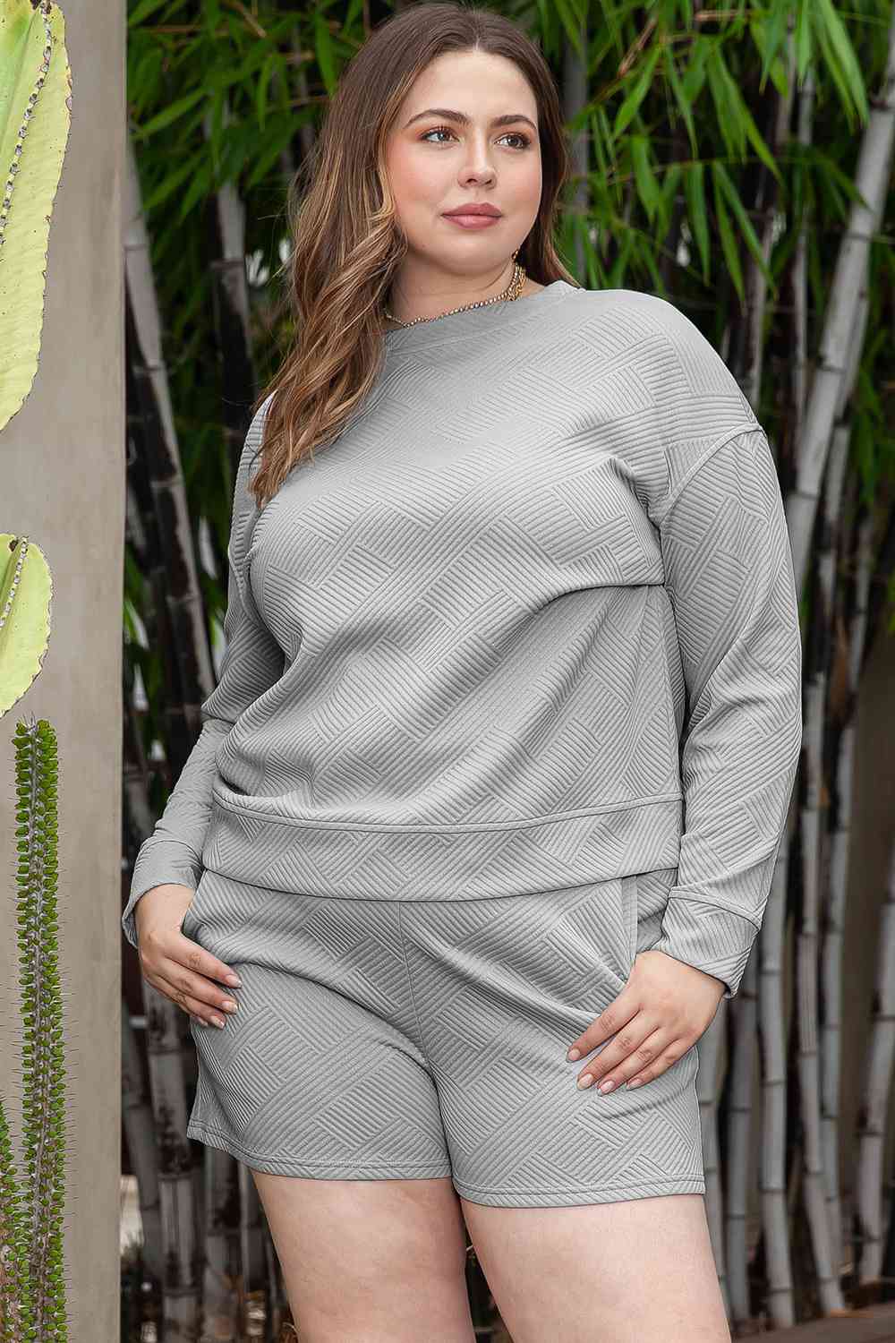 Plus Size Long Sleeve Top and Shorts Set