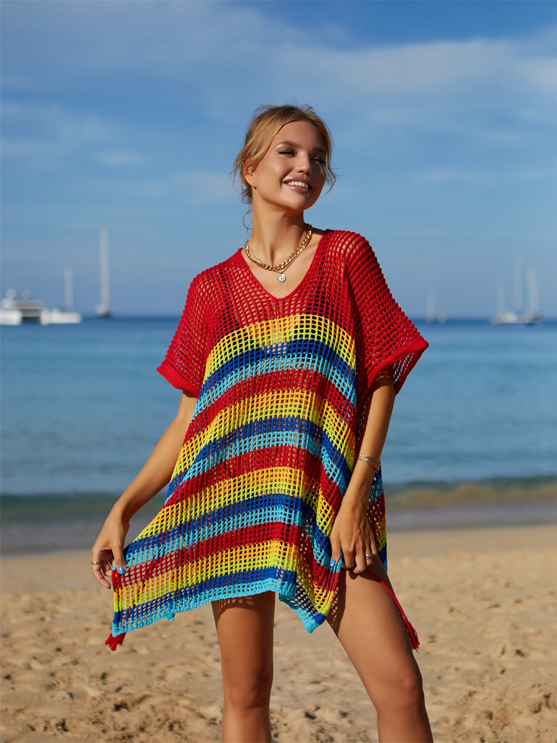 Cutout Striped Cover-Up with Tassel