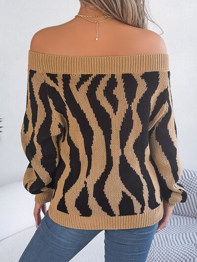 Off-Shoulder Animal Print Long Sleeve Sweater