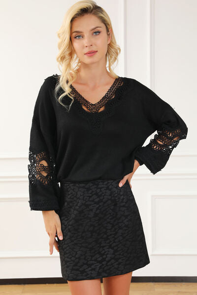 Openwork V-Neck Raglan Sleeve Sweater