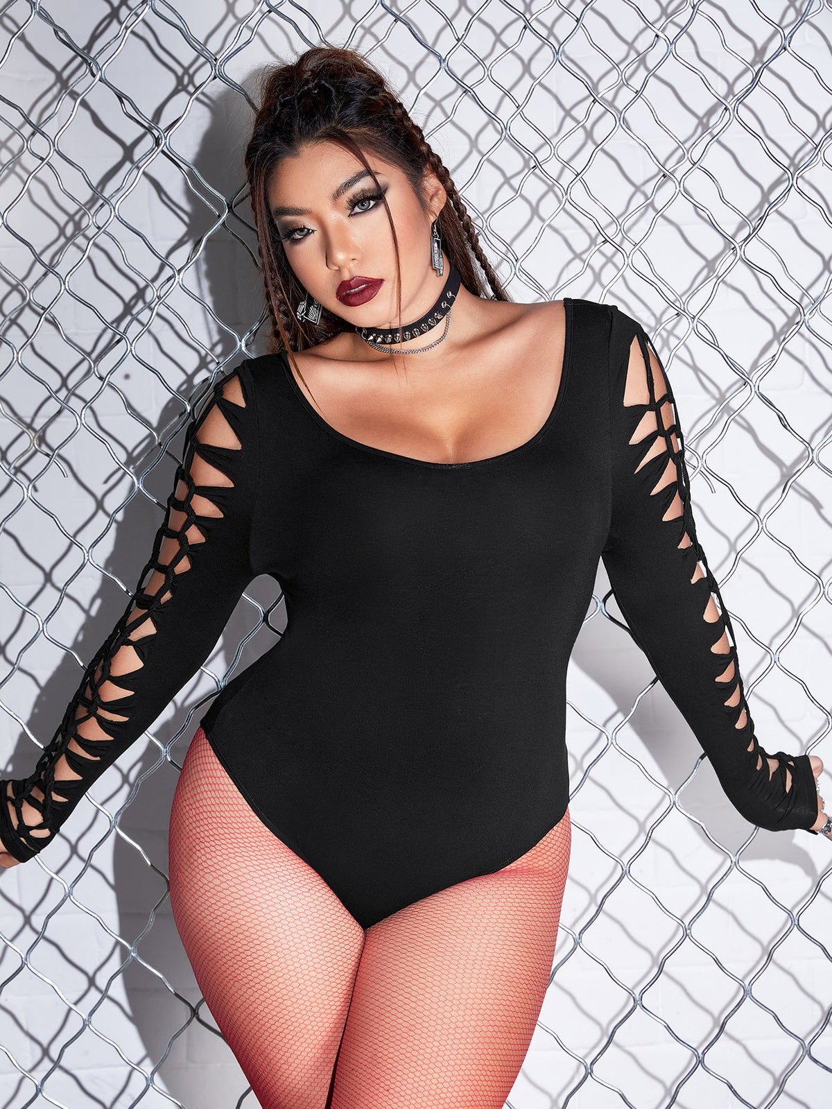 ROMWE PUNK Plus Scoop Neck Cut Out Bodysuit