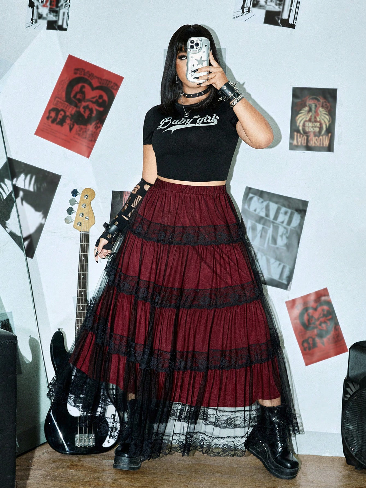 ROMWE PUNK Plus Contrast Lace Mesh Overlay Skirt