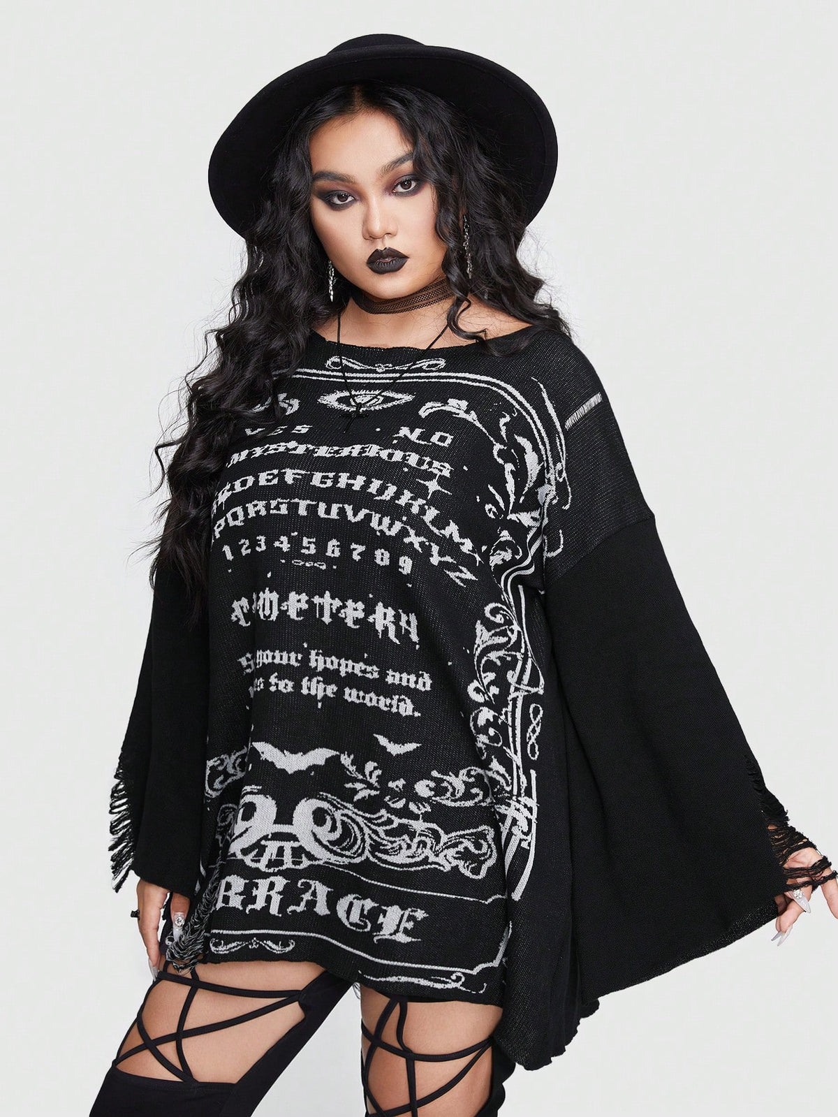 ROMWE Goth Plus Letter Graphic Flare Sleeve Sweater