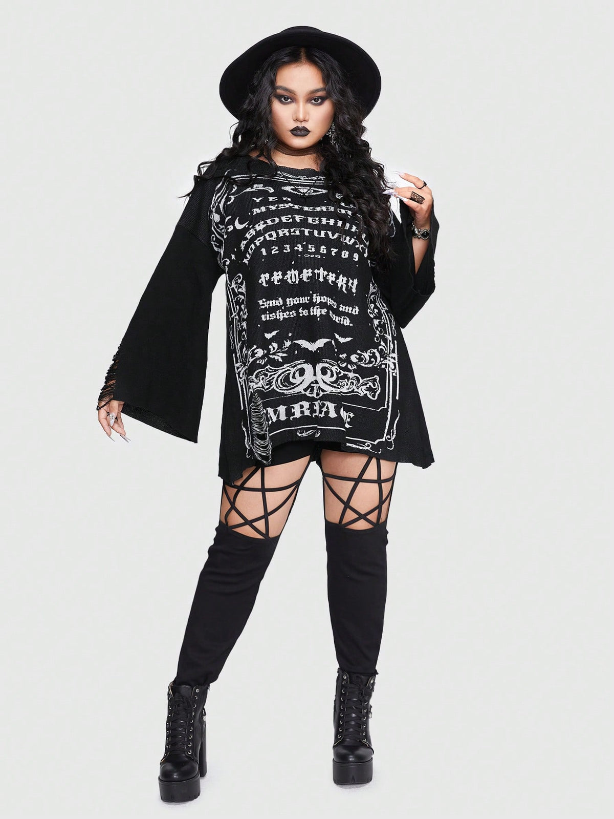 ROMWE Goth Plus Letter Graphic Flare Sleeve Sweater