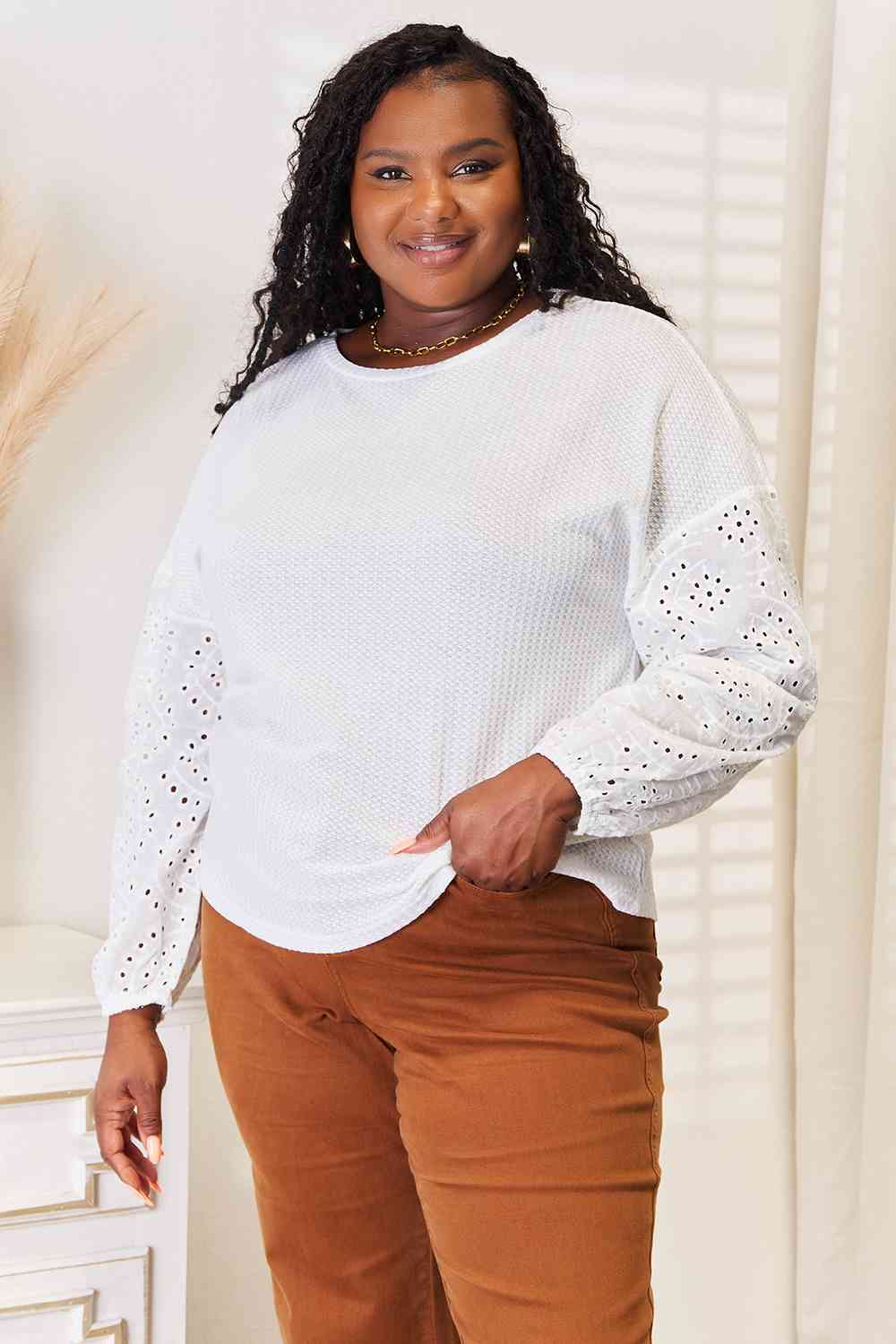 Double Take Eyelet Dropped Shoulder Round Neck Blouse