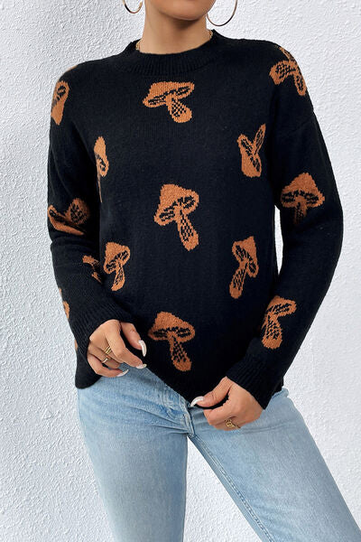 Printed Mock Neck Dropped Shoulder Sweater