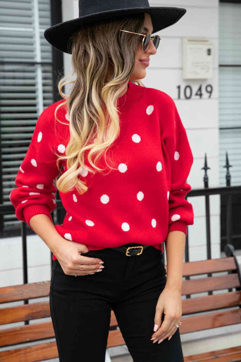 Woven Right Polka Dot Round Neck Dropped Shoulder Sweater